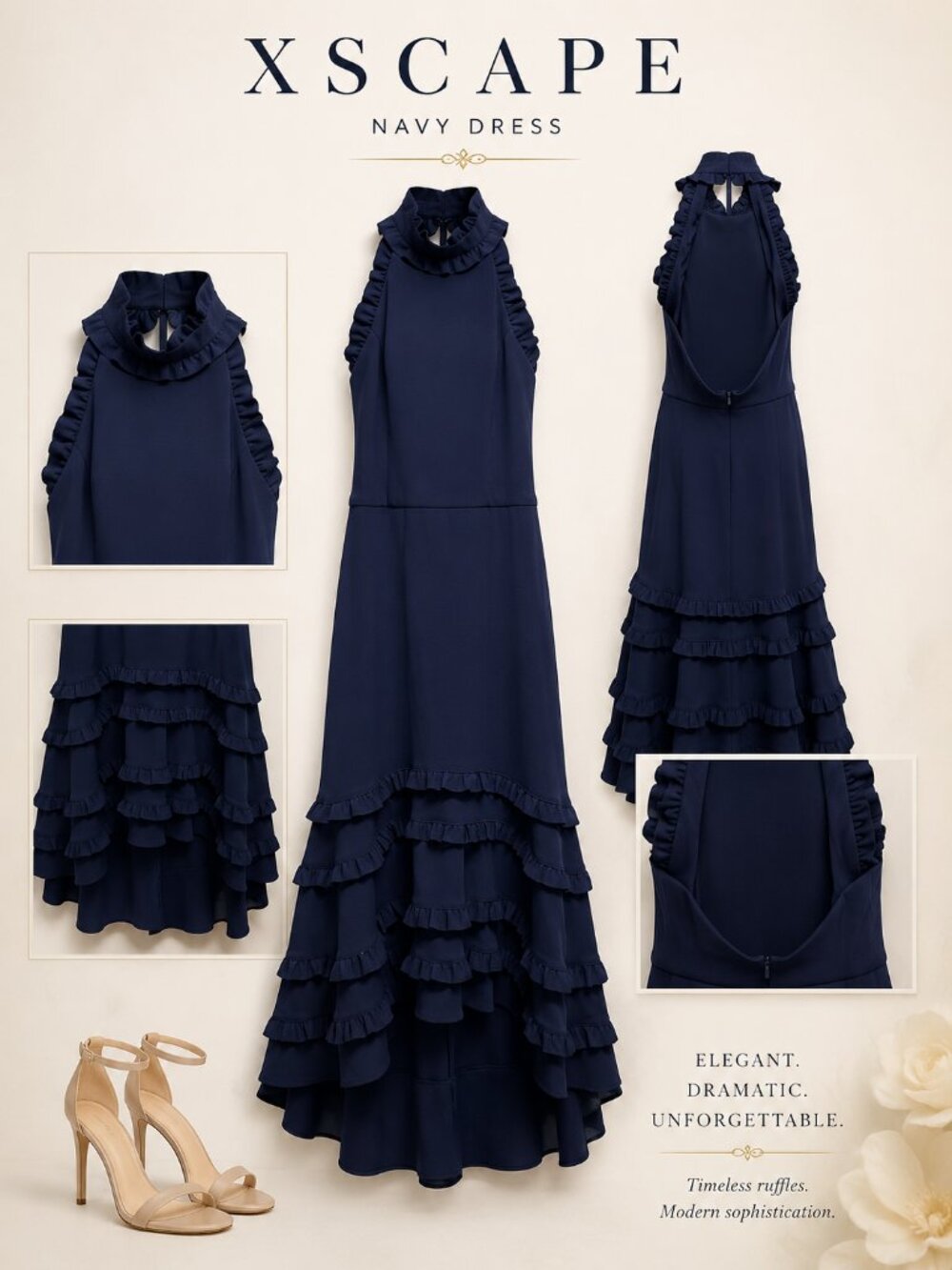 Xscape Women's Ruffled Mock Neck Sleeveless MIDI Dress - Navy sz 12